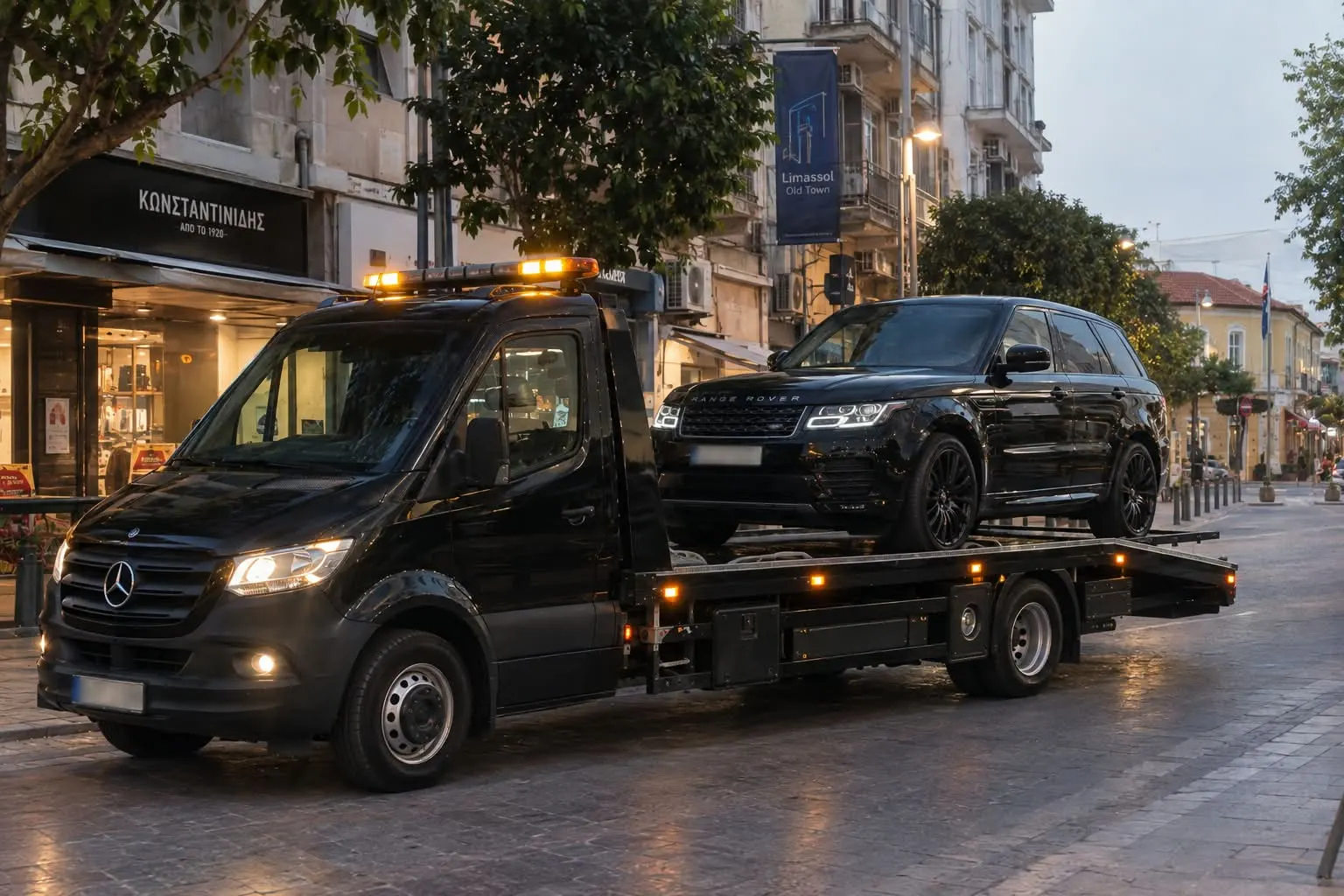 Flatbed recovery truck carrying a black SUV through Limassol Old Town at dusk